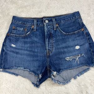 LEVI’S 501 Women’s Light Blue Jean Shorts Size 27 Distressed Hight Rise #143